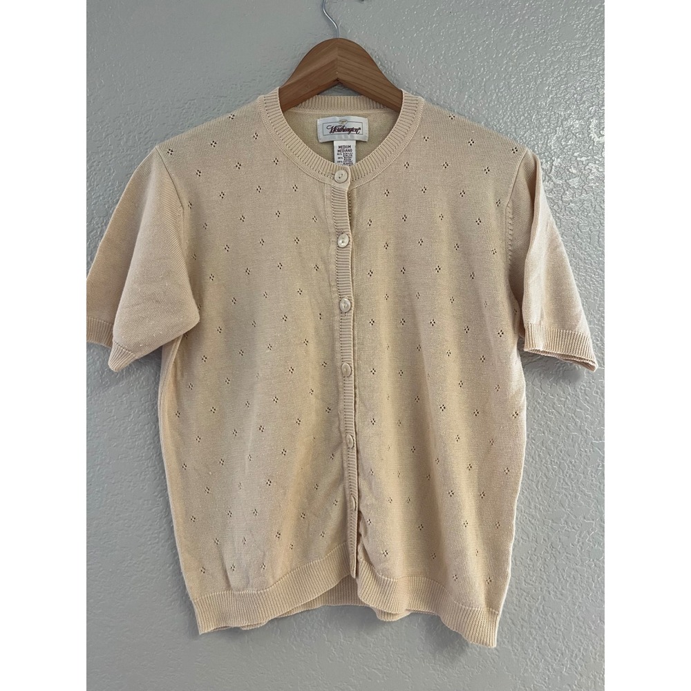 Worthington Vintage Pointelle Knit Short Sleeve Cardigan Sweater Cream Beige M